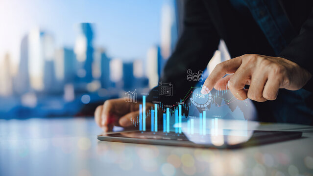 Financial planning and wealth management concept. Professional businessman working with digital virtual screen showing stock market charts, DCA calendar, and investment statistics.