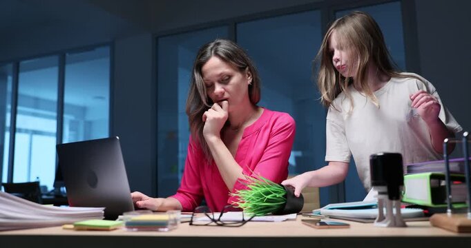 Preteen girl gently places flower pot on important document on table. Mother office worker reacts by screaming in shock and panic. Slow motion