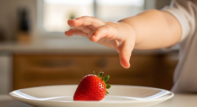 Child reaching for fresh red strawberry on white plate