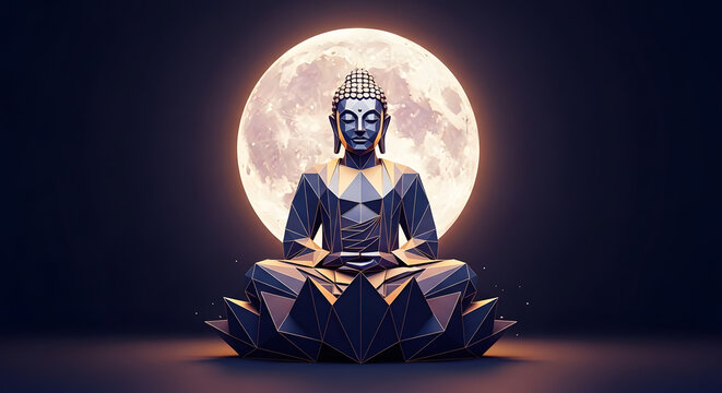 buddha statue geometry polygon lotus flower moon light religion festival meditation background design element art
