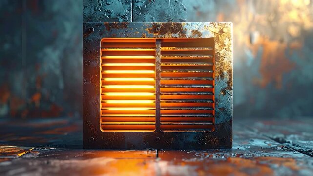 A weathered metal vent with bright inner glow and aged texture