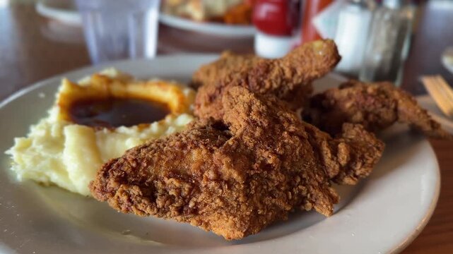 Appetizing plate of golden crispy fried chicken with creamy mashed potatoes and rich brown gravy served on a white plate in a classic american diner, representing traditional comfort food
