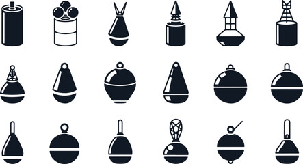 Assortment of dark buoys silhouettes on transparent grid background. © Sadhin