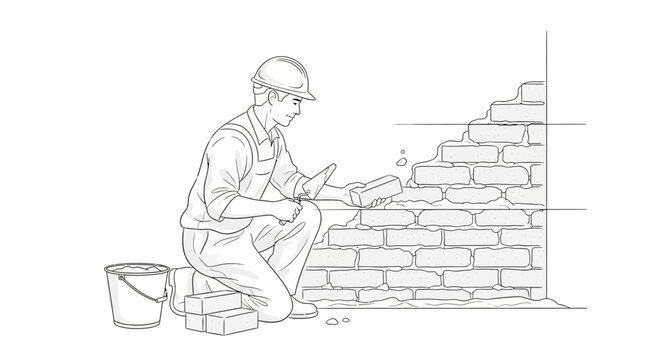 Man building brick wall structure.