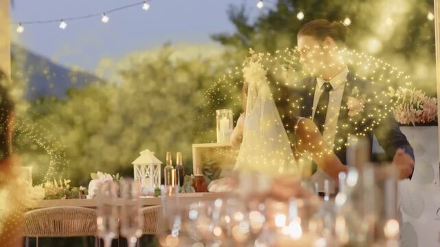 MC calling first dance, bride, groom twirling and dipping at dusk reception with veil, suit