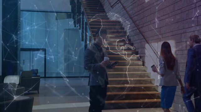 Man tapping phone holding cup, causing network globe overlay over stairs and man, team climbing