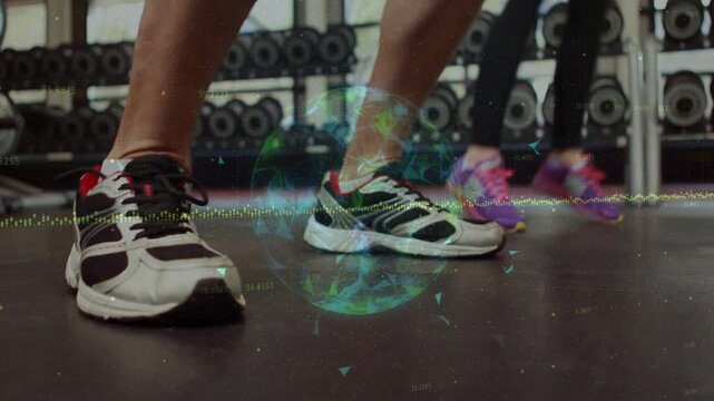 Two partners shifting and tapping right foot, grabbing med ball, orb overlay syncing for training