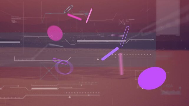 Cluster of animated neon shapes appearing near center, forming dense HUD grid for tech design