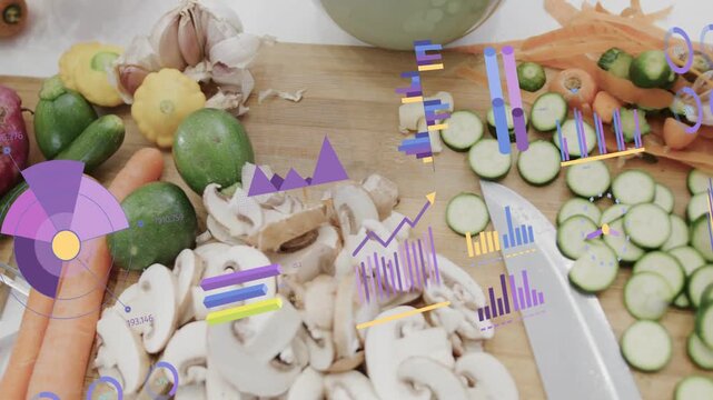 Overlays appearing on frame two, annotating board with recipe charts over mushrooms cucumber