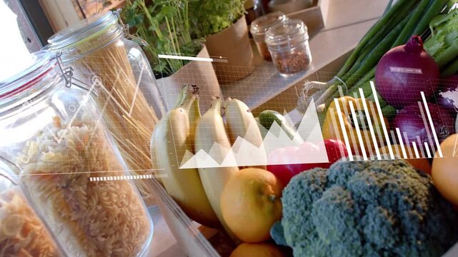 Window light causing white charts appearing over crate of produce, bars rising, showing trends