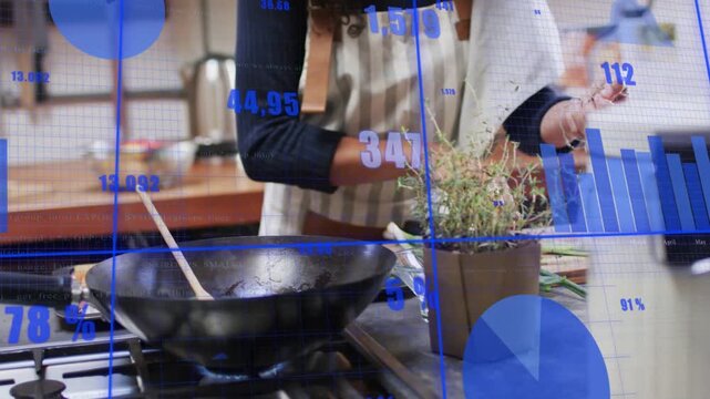 Mature woman trimming herbs with shears in kitchen, seasoning wok while blue data overlay drifting