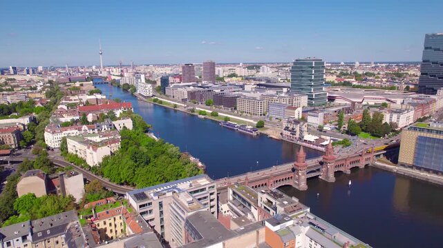 Beautiful aerial panorama of berlin, germany, with the spree river and oberbaum bridge