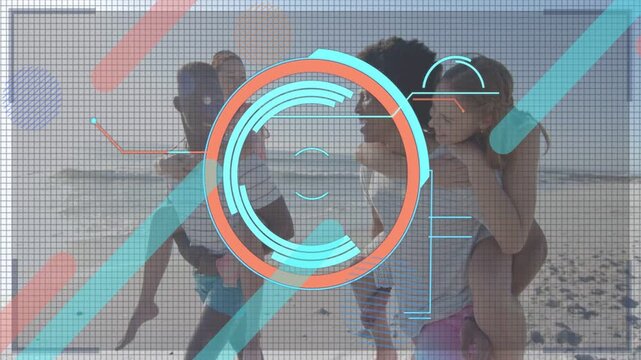 Two men piggybacking women walking beach, cyan dot expanding into layered HUD for tech creators