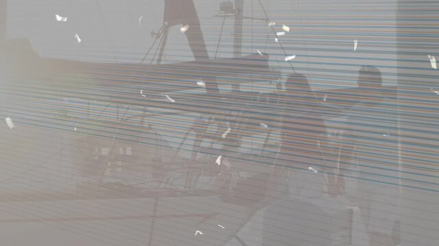 Teen girl walking marina dock, man joining, heading to camera past boat masts amid banding