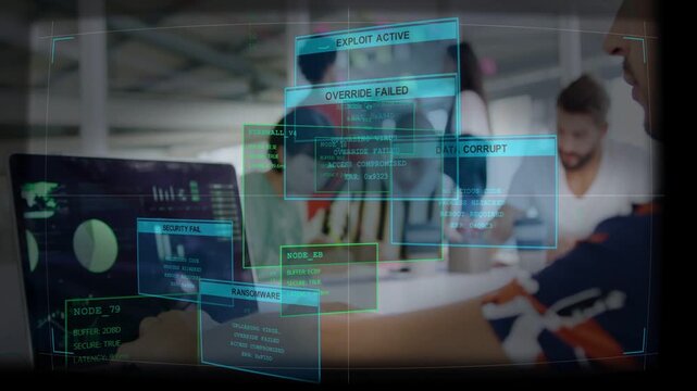IT team grouping at laptop, charts sparking security HUD, alerts hiding faces, crew fixing breach