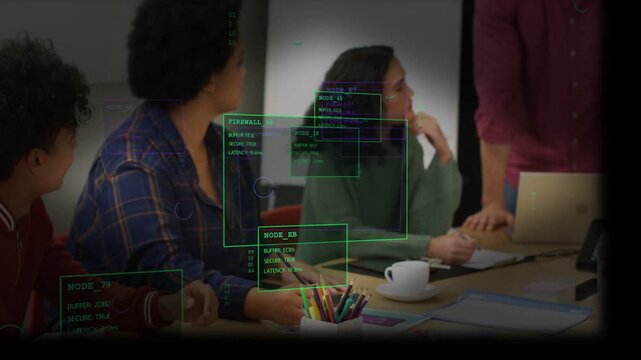 Presenter presenting in pink shirt gesturing, business woman taking notes as neon UI boxes tracking