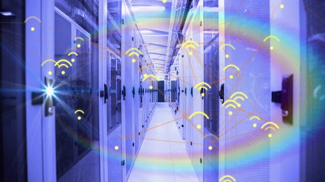 Animating central server aisle with few faint yellow glyphs appearing, orange lines linking racks