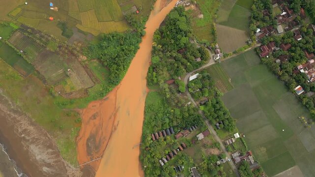 Flooded Estuary Flows Into The Ocean Ciletuh Geopark Sukabumi Java Indonesia Drone Birdseye 4K 60FPS