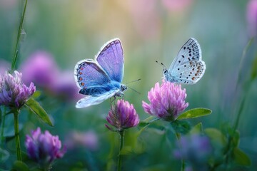 Fototapeta premium Two iridescent butterflies on pink clover flowers in a soft focus meadow