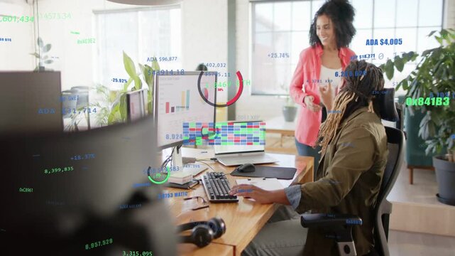 Seated analyst scanning finance charts while lead initiating review, holding tablet, updating HUD