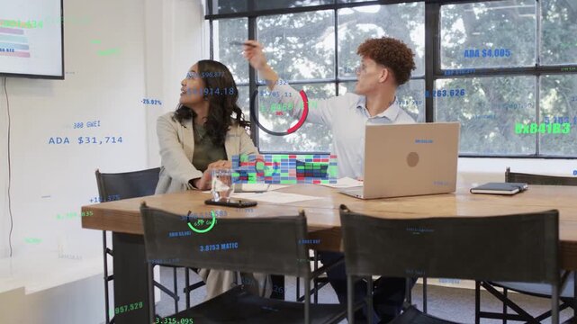 HUD appearing above table, two colleagues reaching with pen, stacking 3D blocks for business pitch