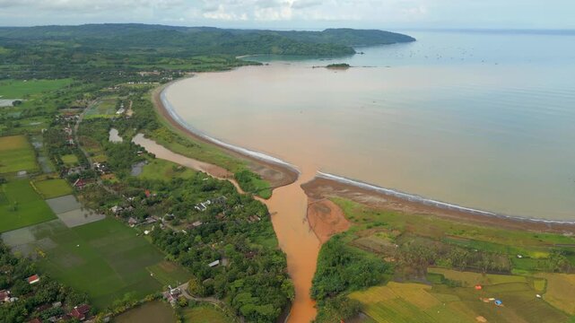 Flooded River Meets Ocean At Ciletuh Geopark Landscape Sukabumi Java Indonesia Drone Rise 4K 60FPS