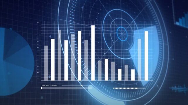 Central bar chart shifting while slider moving, triangle marking right, radar rotating, analytics