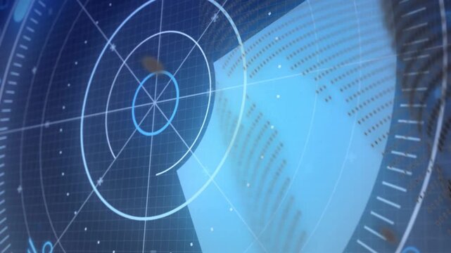 Radar HUD rotating over navy grid, dotted matrix sliding right, causing sweep aligning map for tech