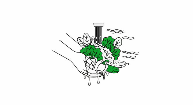 A hand holds a bouquet of fresh green vegetables, with a column and waves in background