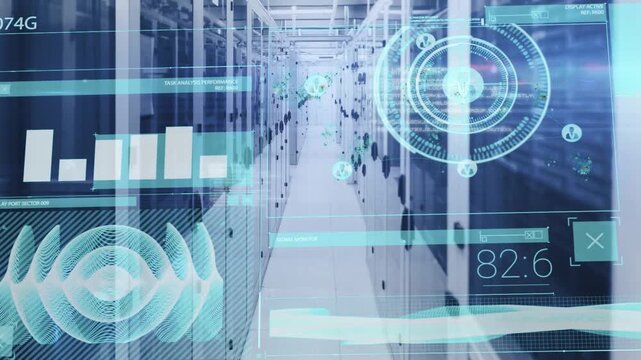 Starting boot, monitoring system overlaying server racks in data center, displaying HUD telemetry
