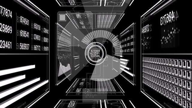 Central HUD activating in data corridor updating numbers sweeping gauge folding panels for analysis