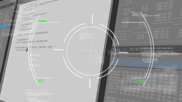 Blinking cursor starting circular HUD locking amid two monitors at workstation scanning ENCRYPTION