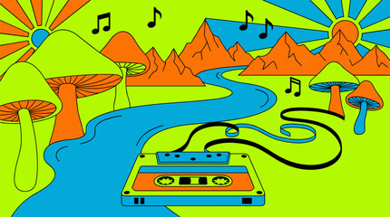 Naklejka premium Vintage Cassette Tape Unspooling Into a River Through Toadstool Mountains Pop Surrealism Flat Illustration with Bold Outlines