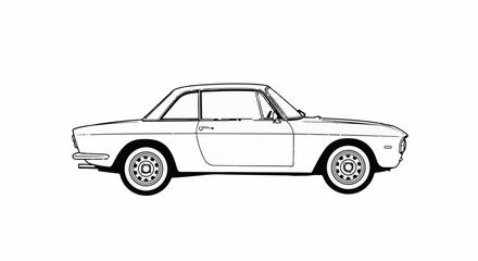 Fototapeta premium Black and white outline drawing of a classic coupe automobile from the side