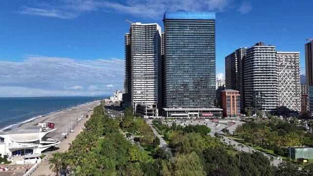 Aerial view of the coastal parkland and boulevard in the resort city of Batumi, Georgia.