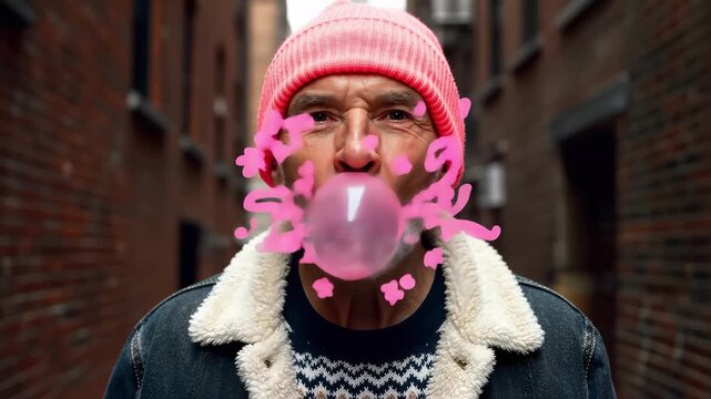 Trendy senior citizens enjoying urban life with playful doodles. Stylish elderly people wearing modern accessories in city. Active aging concept for silver economy and diverse lifestyle marketing.
