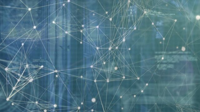 Node-line network mesh expanding after hub pulse, forming triads and glowing nodes showing data