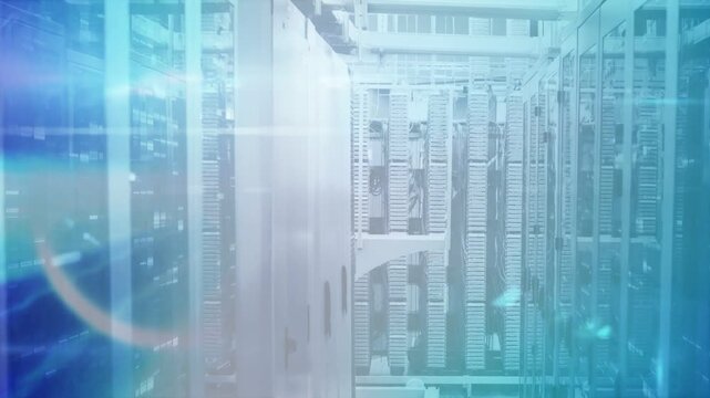 Translucent blue rings sweeping from left, pulsing over server aisle, visualizing network flow