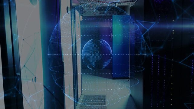 Holographic globe appearing then rotating in server corridor, pulsing rings visualizing network