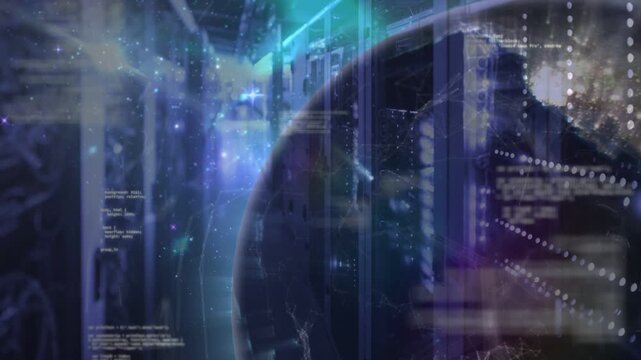 Globe entering right, rotating lighting cities, sparking code and network layers to show world data