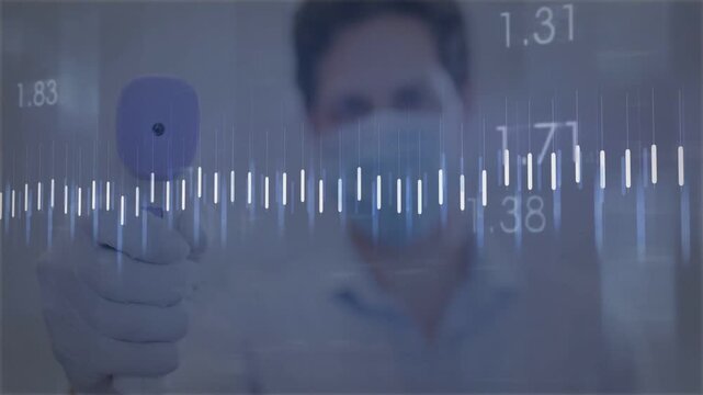 Medical screener wearing mask, gloves aiming IR thermometer at camera, causing waveform updating