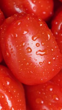 Close-up macro shot of fresh cherry tomatoes with detailed texture and water drops. Organic food, healthy eating, natural ingredients, freshness, and vibrant produce concept.