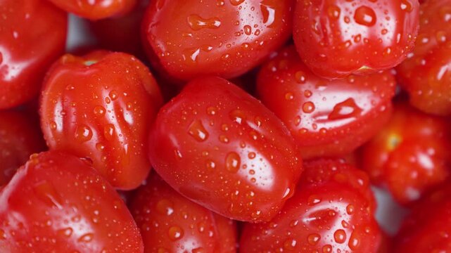 Macro view of fresh cherry tomatoes covered with water drops, highlighting glossy skin, rich red tones, and fresh texture. Healthy food, organic produce, freshness, nutrition, and natural ingredients