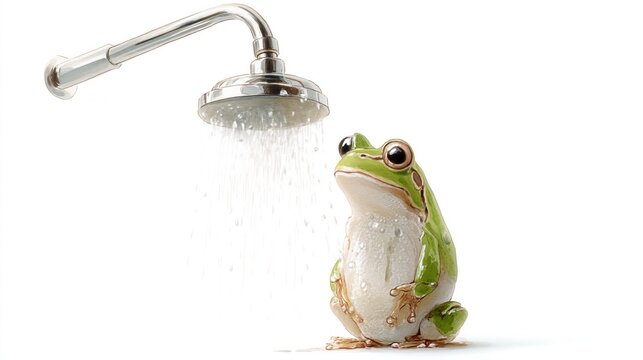 Green frog sits under running shower water. Silver shower head sprays gentle droplets above. Frog looks directly at viewer with calm, curious eyes. White background highlights animal and water motion