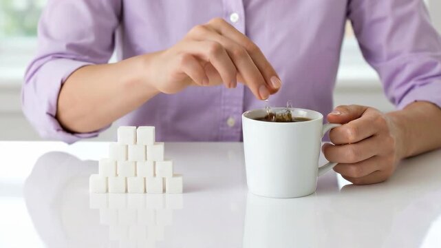 Woman putting sugar cube into hot coffee mug. Daily routine with caffeine beverage at home table. Culinary habit and sweetening drink preparation process sequence for diabetes problems.
