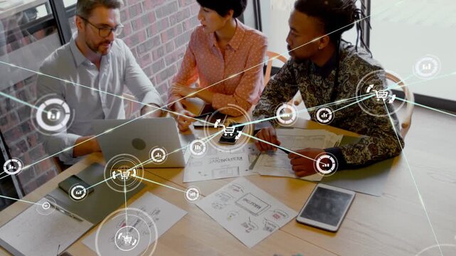 Center circle appearing, team leaning, pointing while mesh expanding to link devices for design