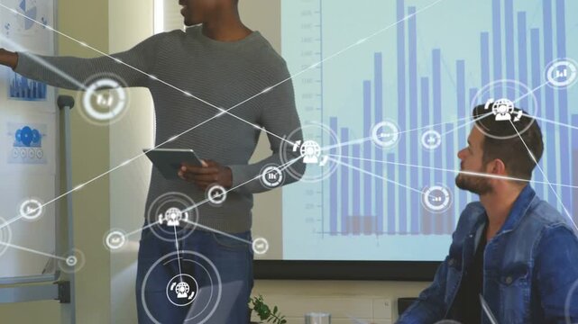 Presenter stepping, pointing at board, sparking network overlay spreading over chart for business