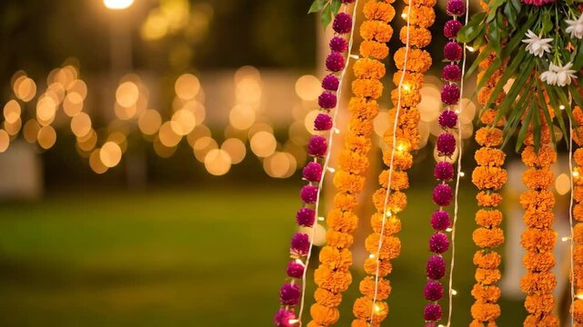 Marigold flower garland decoration for outdoor Diwali event. Traditional floral hanging for celebration, Indian wedding. Festive atmosphere with fairy lights and bokeh background at night.