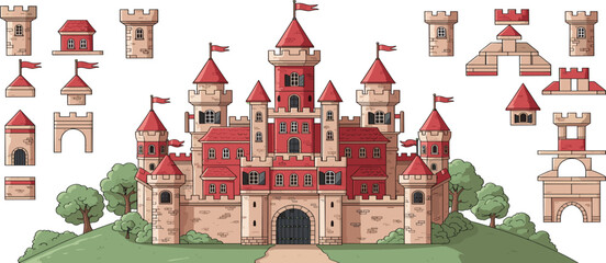Medieval castle construction kit featuring grand red-roofed fortress on a hill with modular tower gate and battlement pieces in a flat vector style © MstRuna