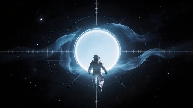 Astronaut floating in space towards a bright portal